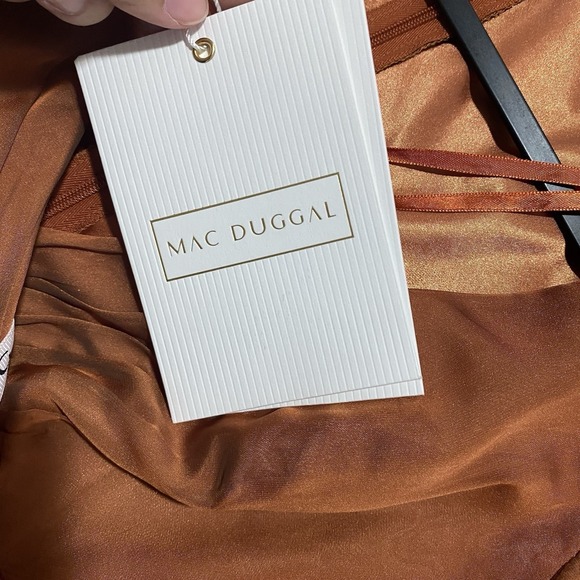 Mac Duggal Midi Tea Length Ruffled Dress Rust Cap Sleeve V-Neck 68018 NWT Size 2 - Picture 11 of 11